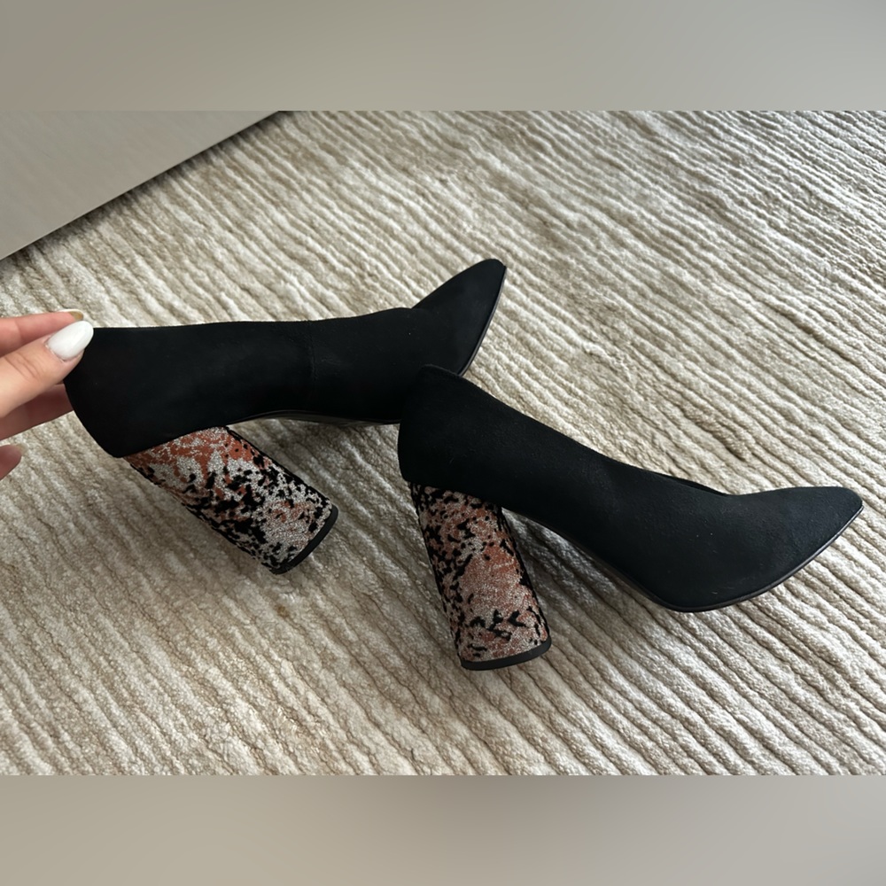 Black suede sparkly block heel shoe size 7